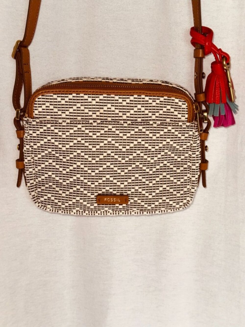 Fossil Piper Toaster Neutral Striped Crossbody Neutral Woven Pattern Leather Stp